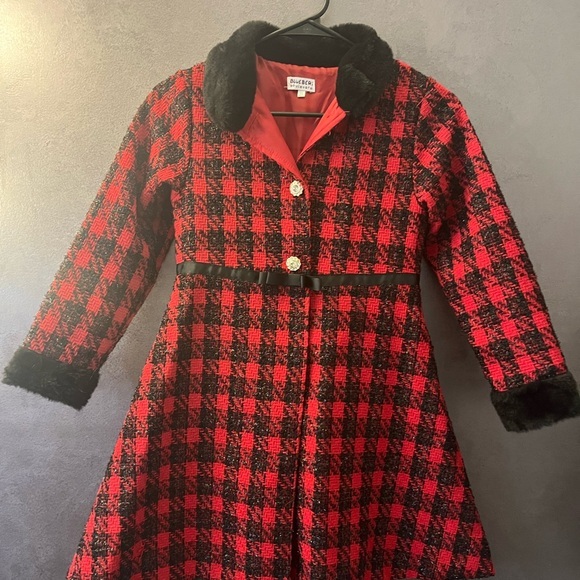 Blueberi Boulevard Red and Black Pea Coat with Vintage Plaid Design - Picture 1 of 5